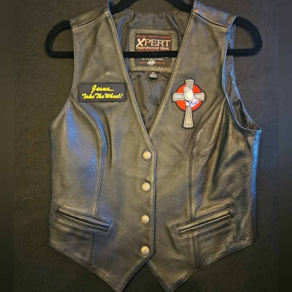 Xpert Leather Vest Womens  Black Genuine Real Biker Motorcycle Size M W/Patches